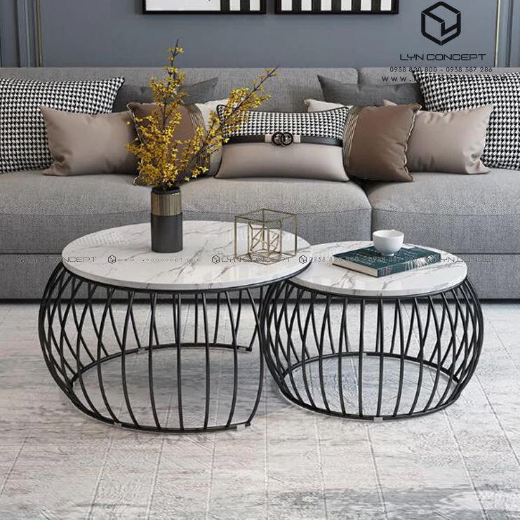 Bàn Trà Đôi Tròn Trái Bí Mặt Đá Trắng Chân Sắt Sơn Đen