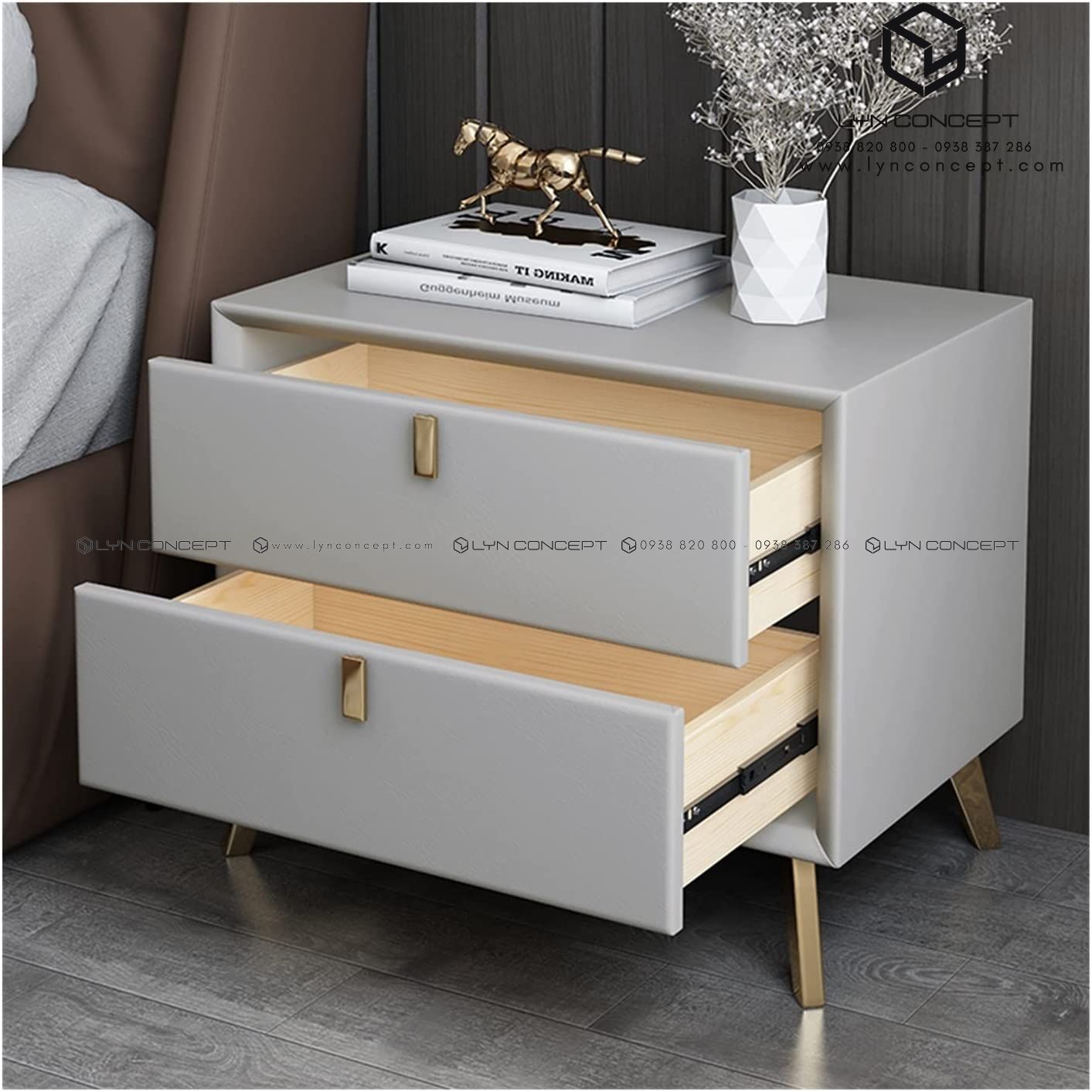 Tab Đầu Giường Màu Xám Chân Mạ Vàng - TĐG29.11