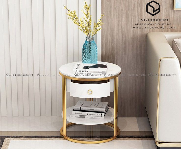 Bàn Góc Sofa Có Hộc Kéo Màu Trắng Chân Sắt Sơn Vàng - BT198.4