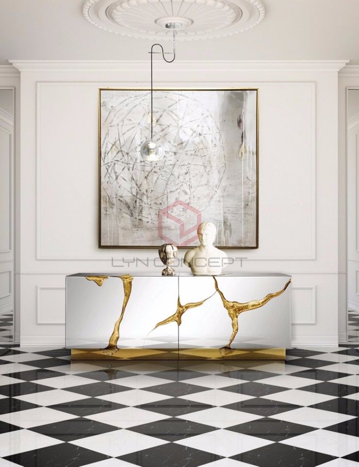 Tủ Console Màu Trắng Kết Hợp Inox Xi Mạ Màu Vàng Hiện Đại Cao Cấp - BTT13A