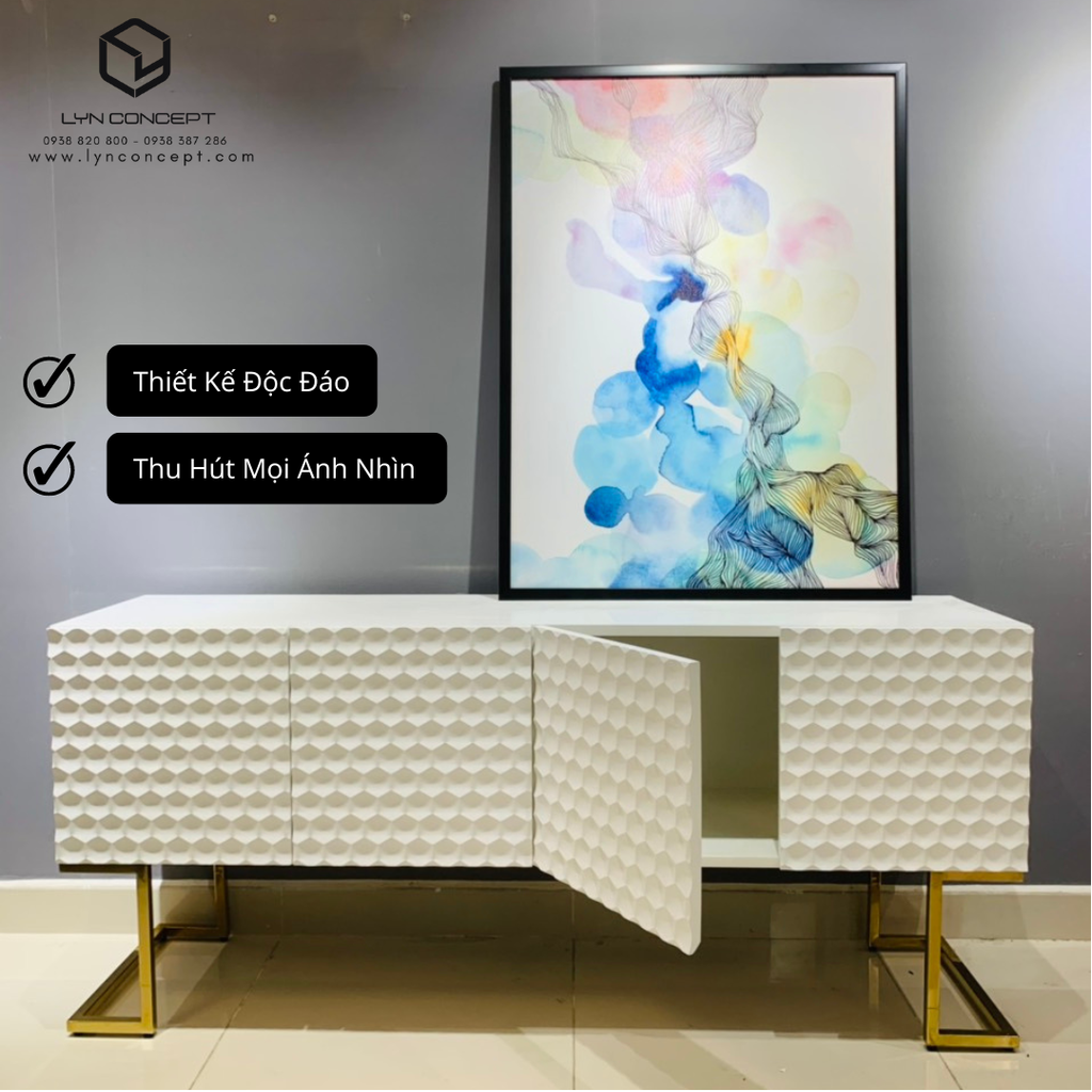 Tủ Console 4 Cánh Mở Chân Inox Mạ Màu Vàng Cao Cấp