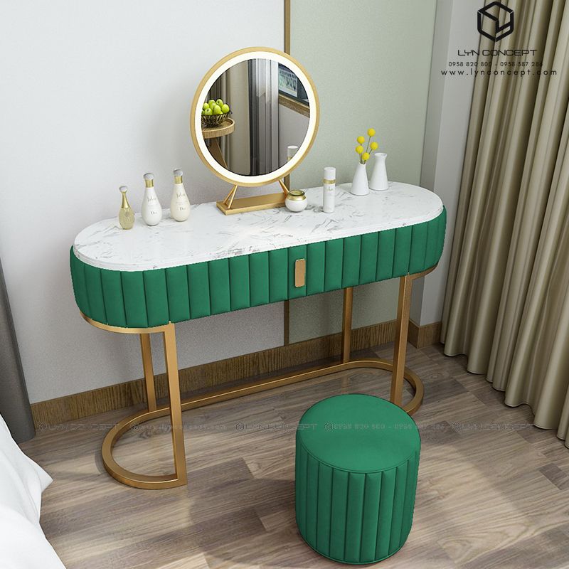 Bộ Bàn Trang Điểm 1 Hộc Kéo Bọc Vải Màu Xanh Chân Sắt Kiểu Sơn Vàng - BTĐ30B