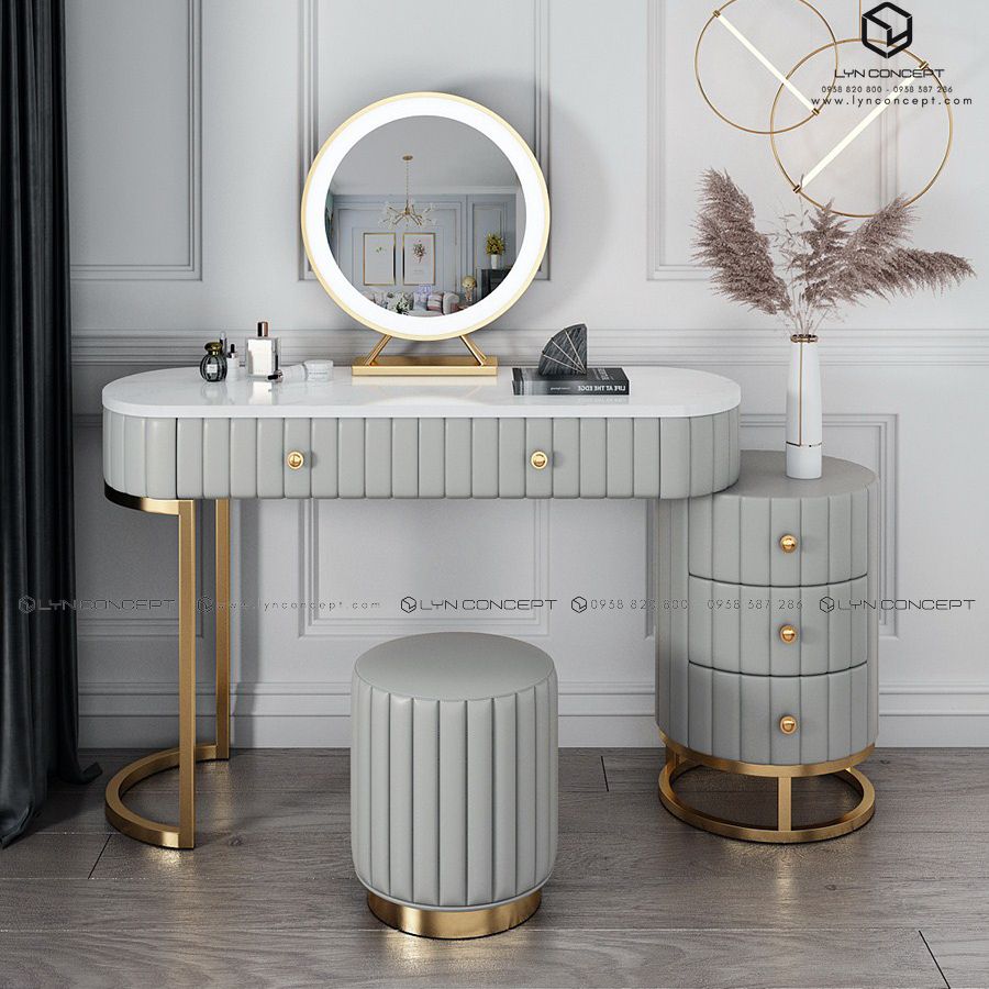 Bộ Bàn Trang Điểm 2 Hộc Kéo Bọc Vải Màu Xám Chân Sắt Kiểu Sơn Vàng - BTĐ33C