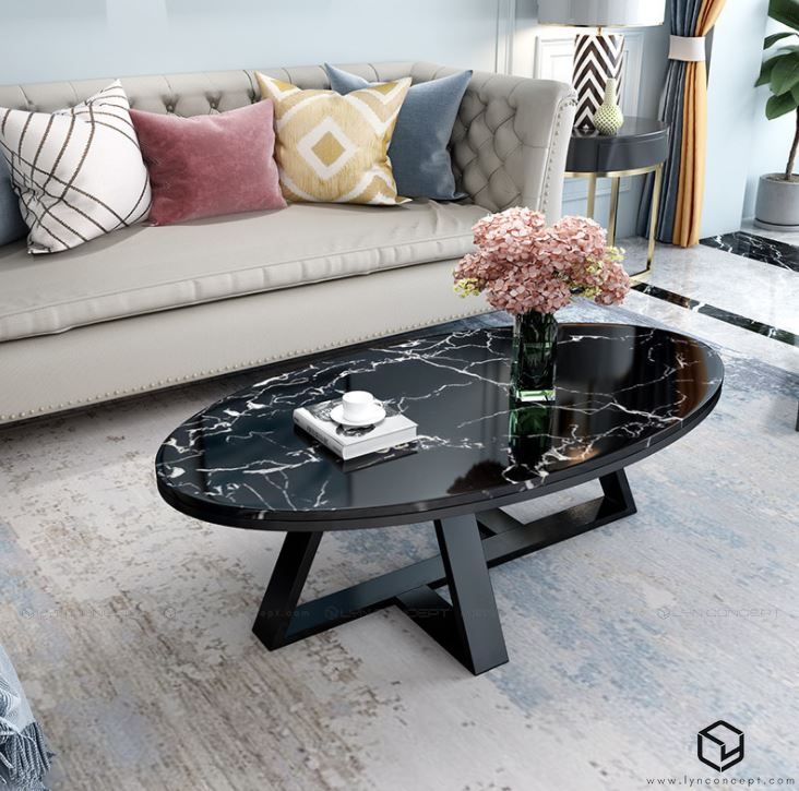 Bàn Trà Sofa Elip Mặt Đá Đen Chân Sắt Sơn Đen