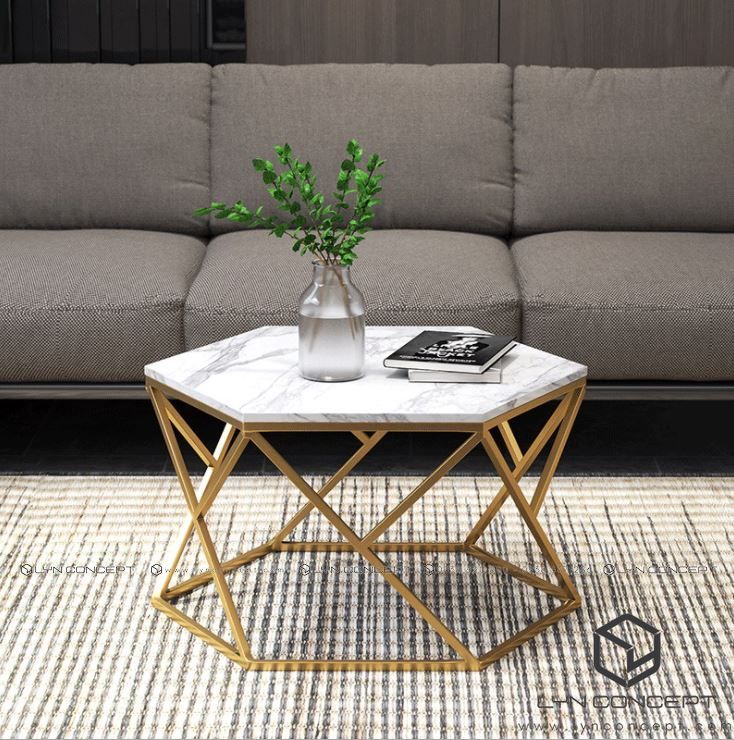 Bàn Trà Đôi Lục Giác Mặt Đá Trắng Chân Sắt Sơn Vàng