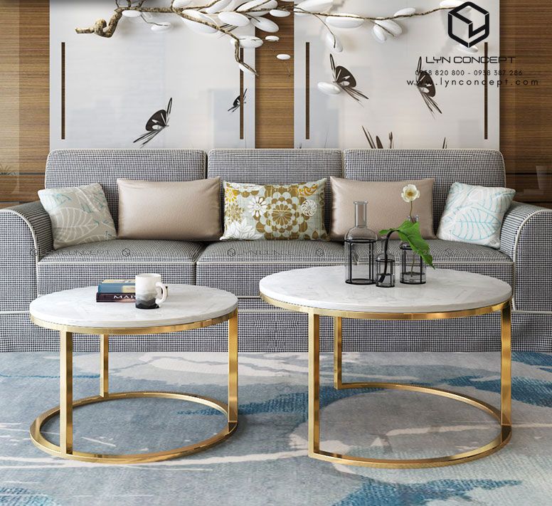 Cặp Bàn Trà Tròn Mặt Đá Trắng Chân Inox Mạ Vàng Cao Cấp - BT07A