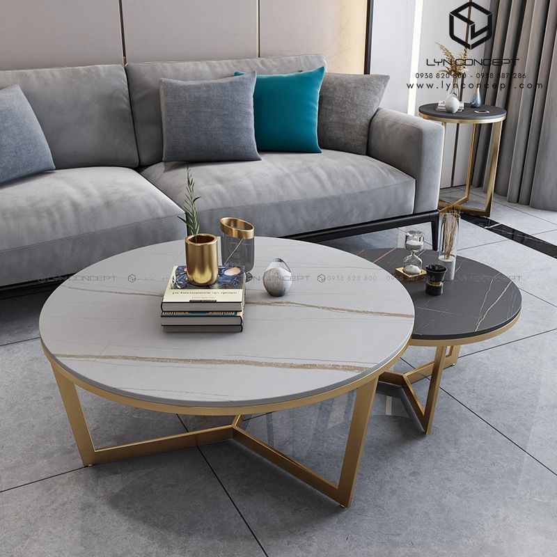 Bàn Trà Đôi Tròn Mặt Ceramic Trắng Đen Chân Y Vuông Sắt Vàng - Bàn Trà Đẹp Giá Tốt