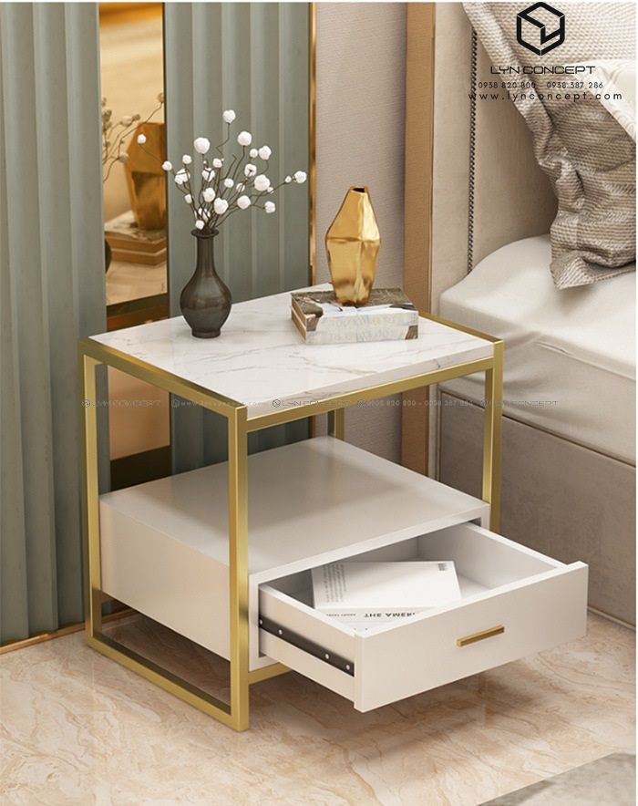 Tab Đầu Giường Có Hộc Kéo Màu Trắng Chân Sắt Sơn Vàng - TĐG28.2