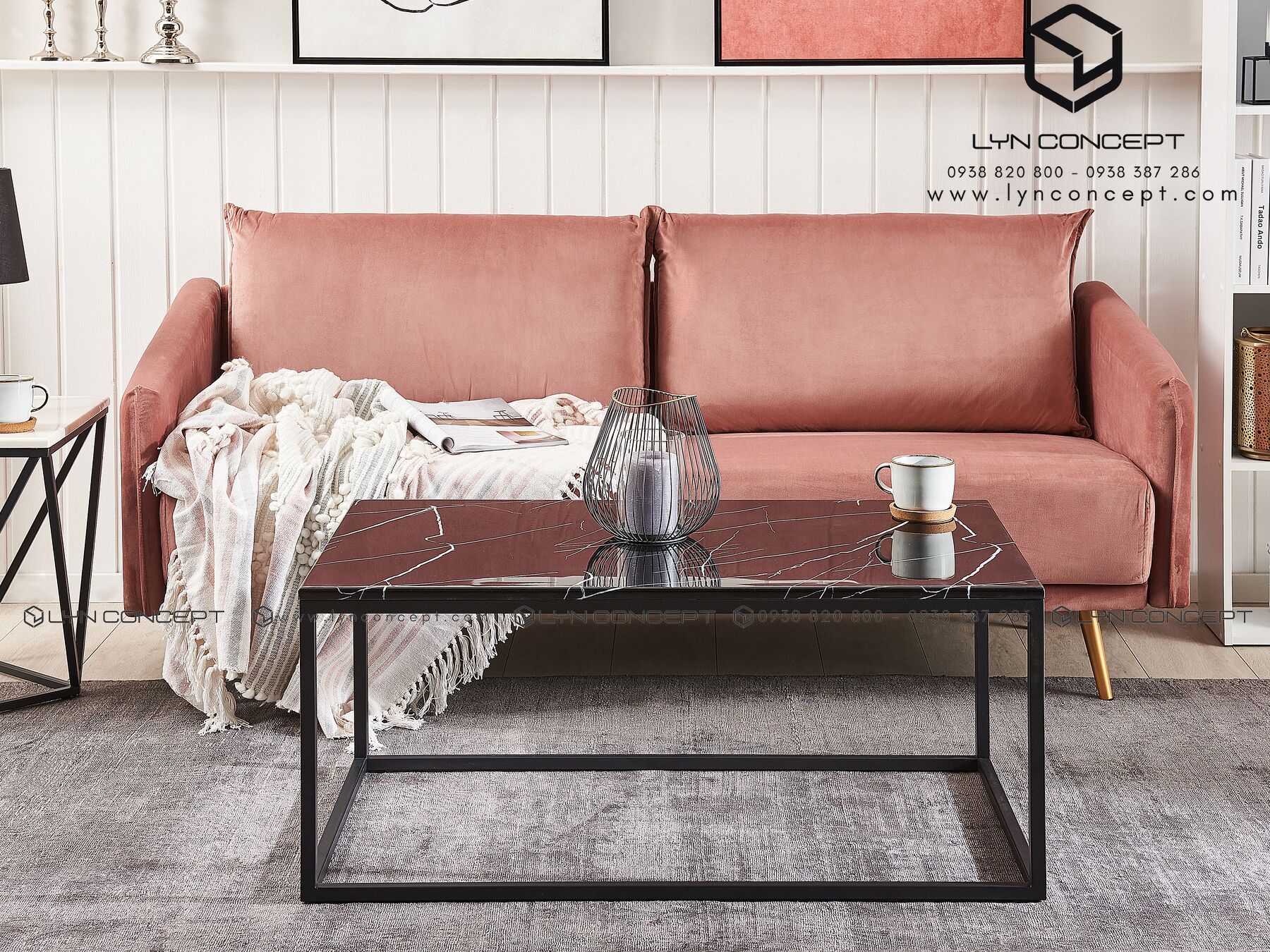 Bàn Trà Chữ Nhật Mặt Đá Đen Chân Sắt Sơn Đen