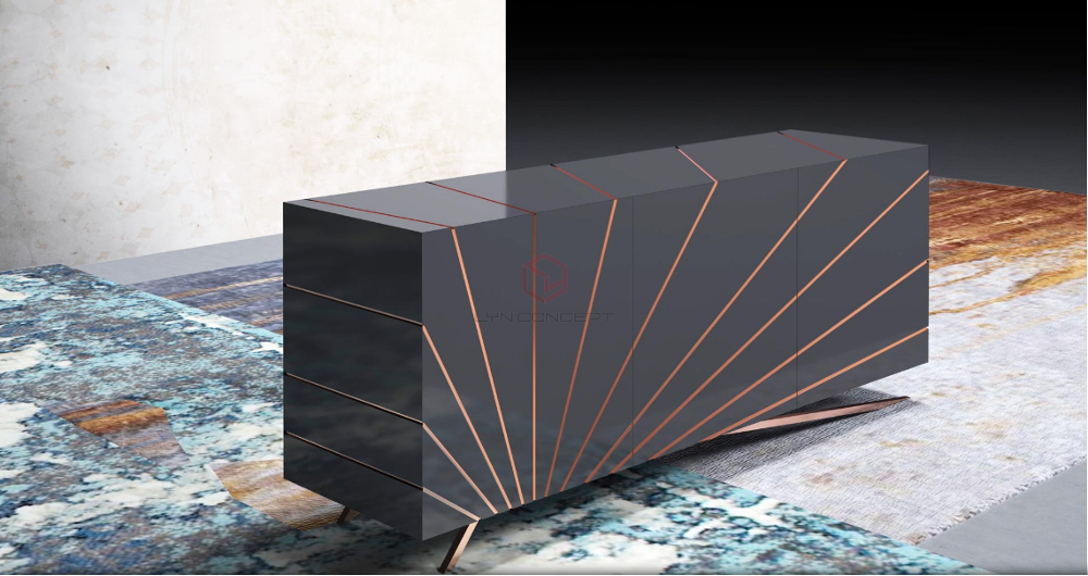 Tủ Console 3 Cánh Mở Màu Đen Chân Inox Xi Mạ Màu Vàng Hiện Đại Cao Cấp