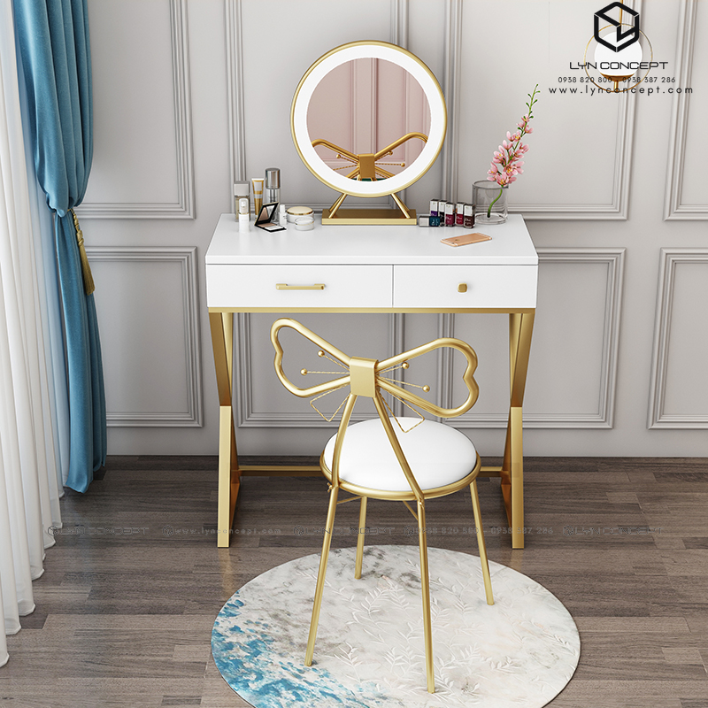 Bộ Bàn Trang Điểm Màu Trắng Chân Sắt Kiểu Chữ X Sơn Vàng - BTĐ29A