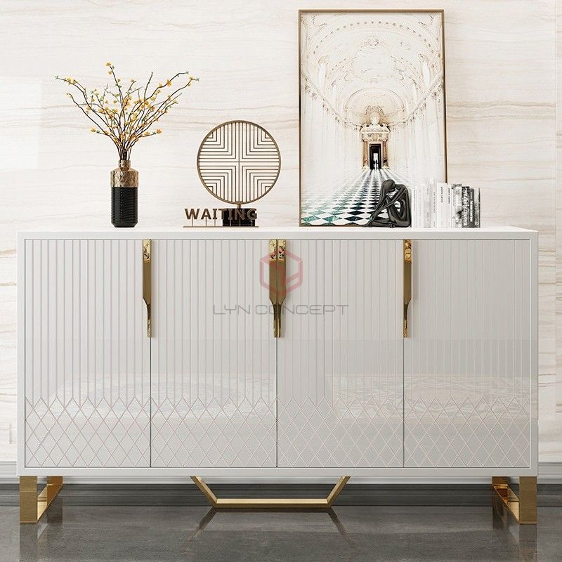 Tủ Console 4 Cánh Mở Trắng Chân Inox Xi Mạ Màu Vàng Hiện Đại Cao Cấp - BTT88