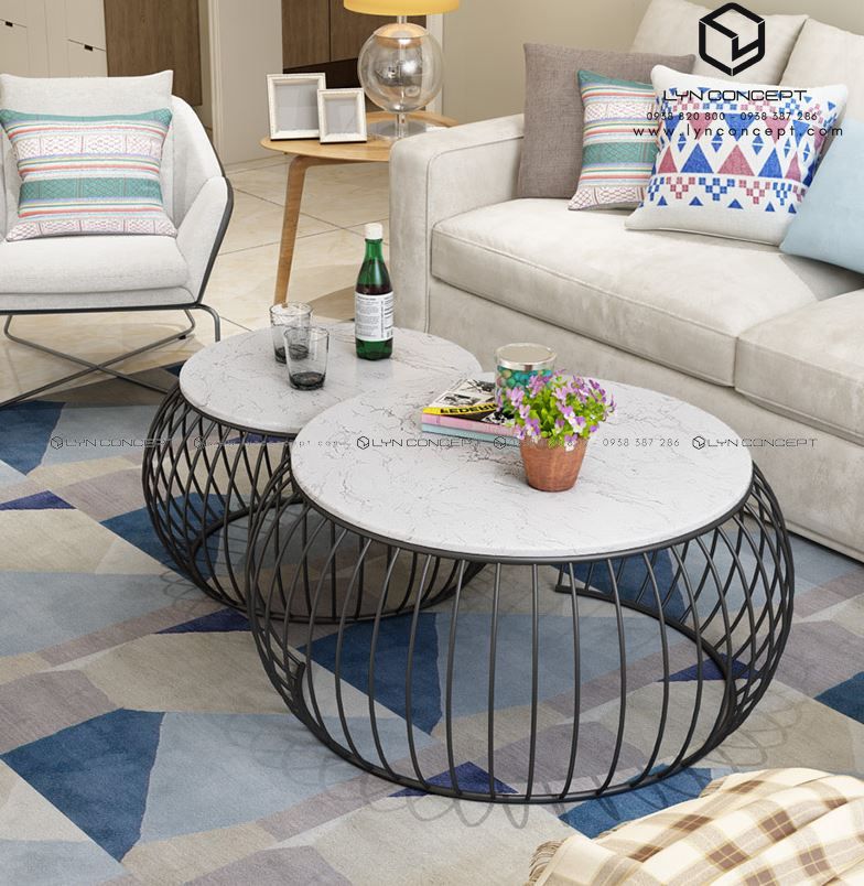 Bàn Trà Đôi Tròn Trái Bí Mặt Đá Trắng Chân Sắt Sơn Đen