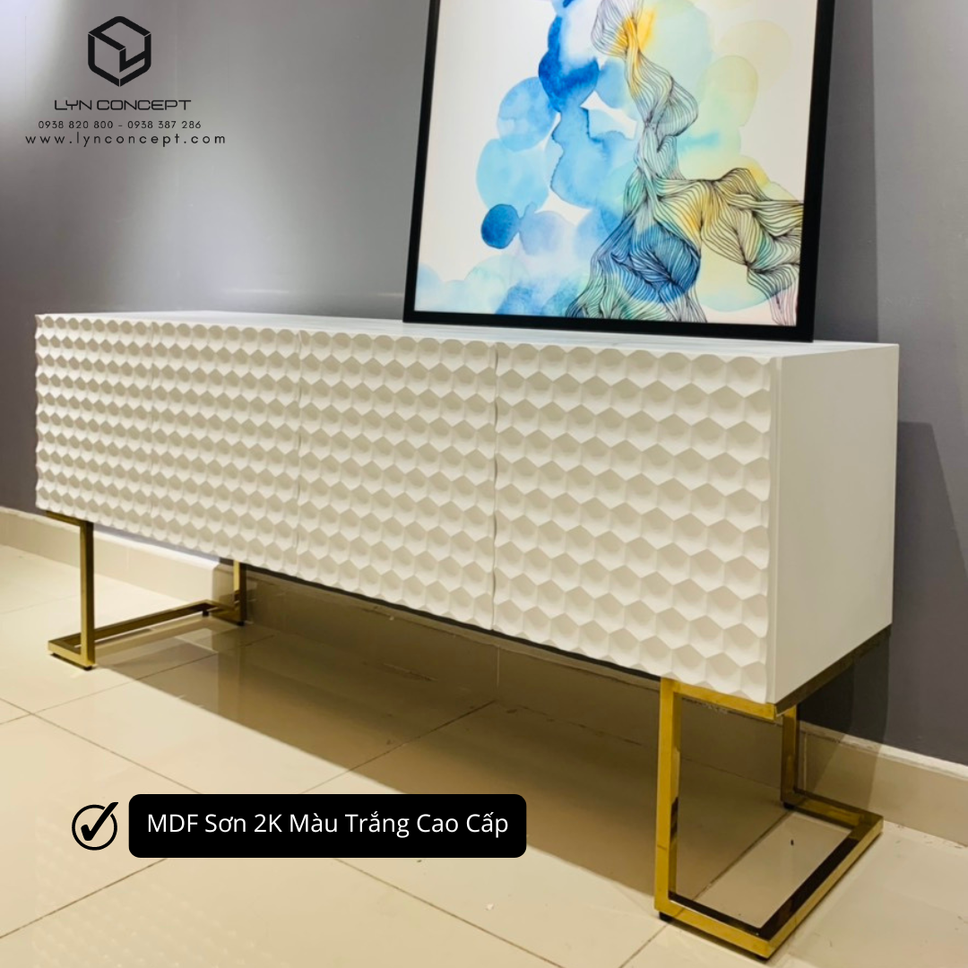 Tủ Console 4 Cánh Mở Chân Inox Mạ Màu Vàng Cao Cấp