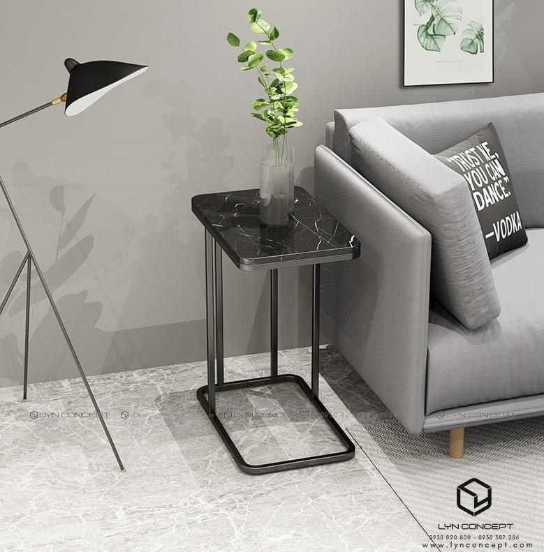 Bàn Góc Sofa Mặt Đá Đen Chân Sắt Sơn Đen - BT45.3