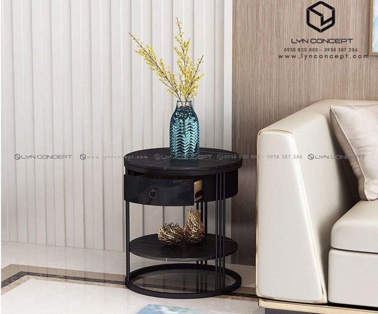 Bàn Góc Sofa Có Hộc Kéo Màu Đen Chân Sắt Sơn Đen - BT198.6