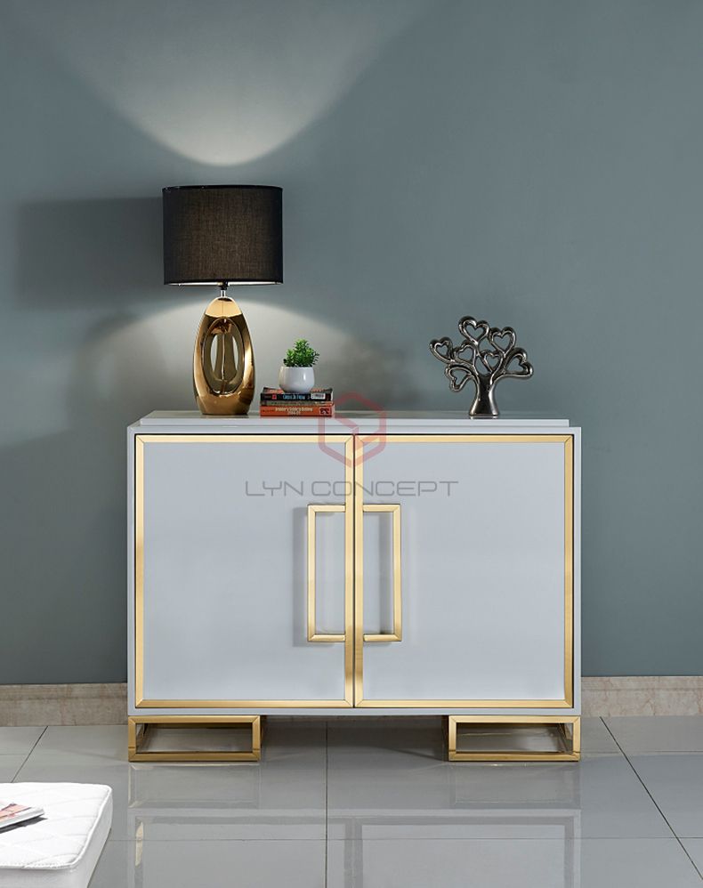 Tủ Console 2 Cánh Mở Trắng Chân Inox Xi Mạ Màu Vàng Hiện Đại Cao Cấp