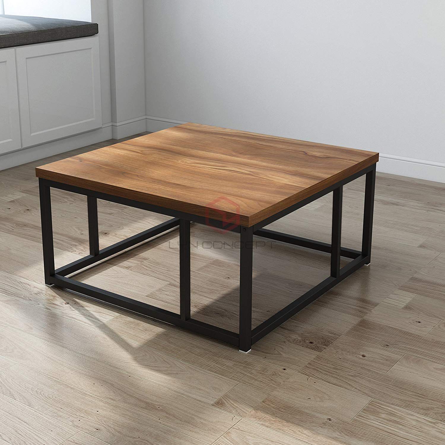 Bàn Trà Vuông Mặt Gỗ Chân Sắt Sơn Đen Đơn Giản