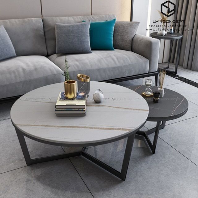 Bàn Trà Đôi Tròn Mặt Ceramic Trắng & Đen Chân Y Vuông Sắt Đen - Bàn Trà Đẹp