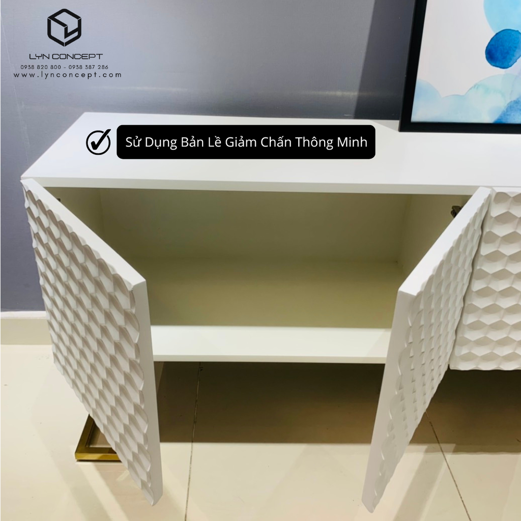 Tủ Console 4 Cánh Mở Chân Inox Mạ Màu Vàng Cao Cấp