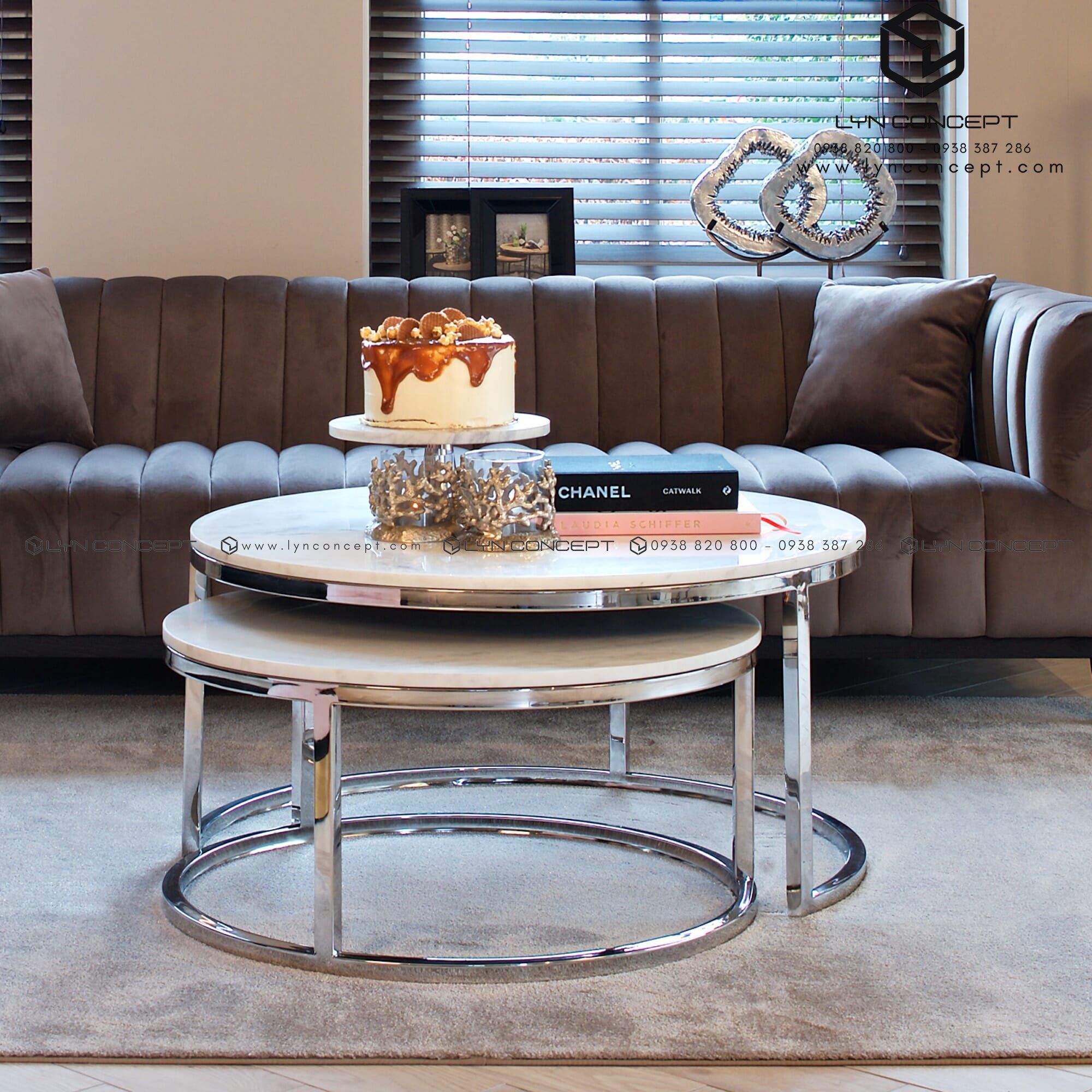 Bàn Trà Đôi Tròn D7050 Mặt Đá Trắng Chân Inox Bạc Cao Cấp - BT07B