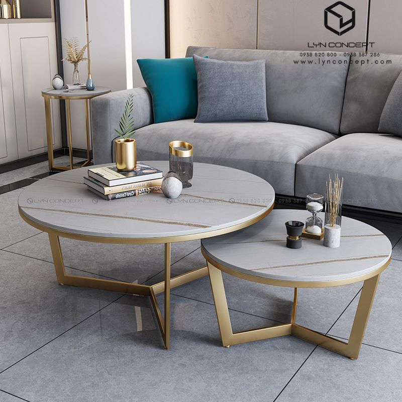 Bàn Trà Đôi Tròn Mặt Ceramic Trắng Chân Y Vuông Sắt Vàng - Bàn Trà Đẹp Giá Rẻ