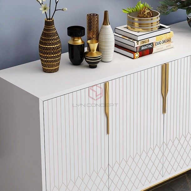 Tủ Console 4 Cánh Mở Trắng Chân Inox Xi Mạ Màu Vàng Hiện Đại Cao Cấp - BTT88