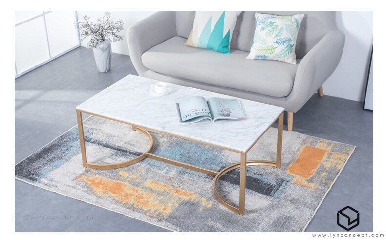 Bàn Trà Sofa Chữ Nhật Mặt Đá Trắng Chân Sắt Sơn Vàng