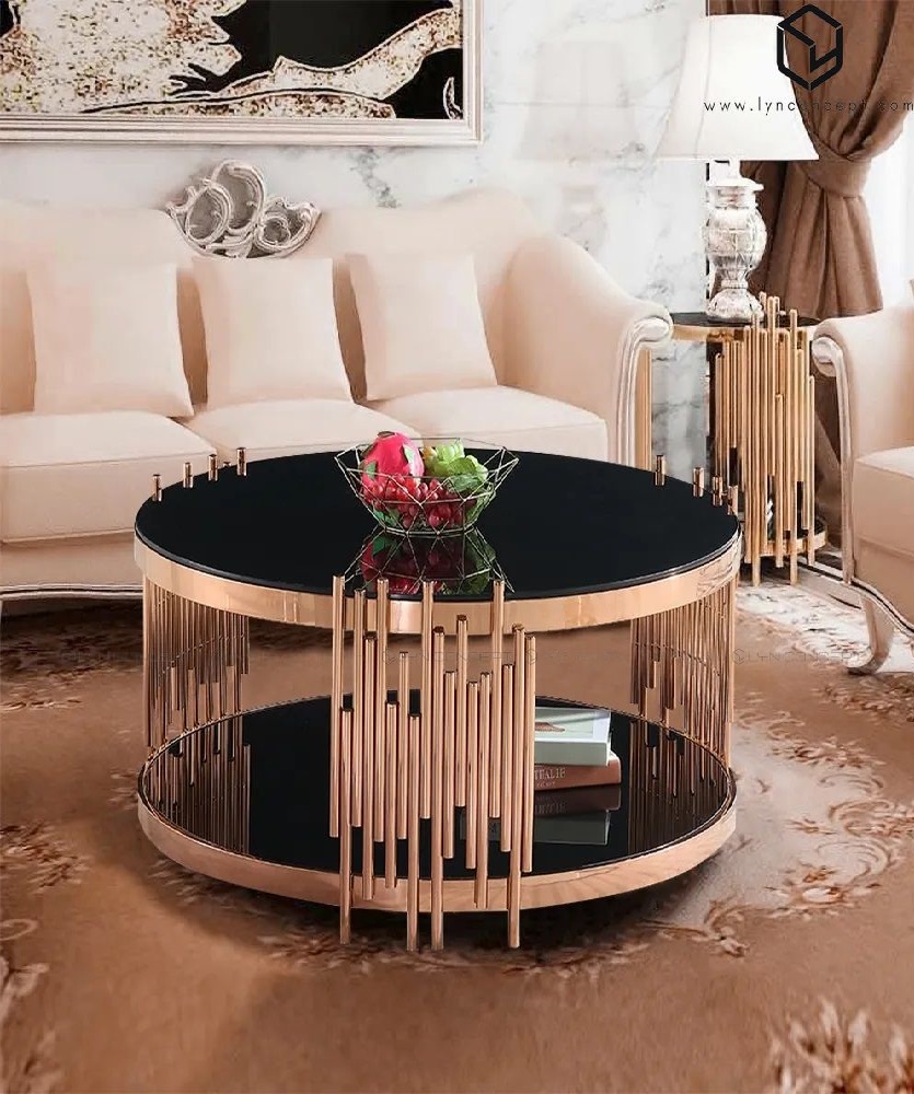 Bàn Trà Tròn Mặt Kính Chân Inox Xi Mạ Vàng Hồng Cao Cấp - BT19E