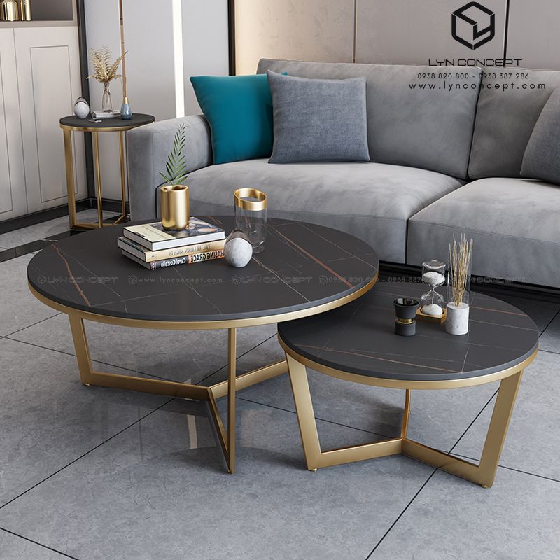 Bàn Trà Đôi Tròn Mặt Ceramic Đen Chân Y Vuông Sắt Vàng - Bàn Trà Giá Rẻ