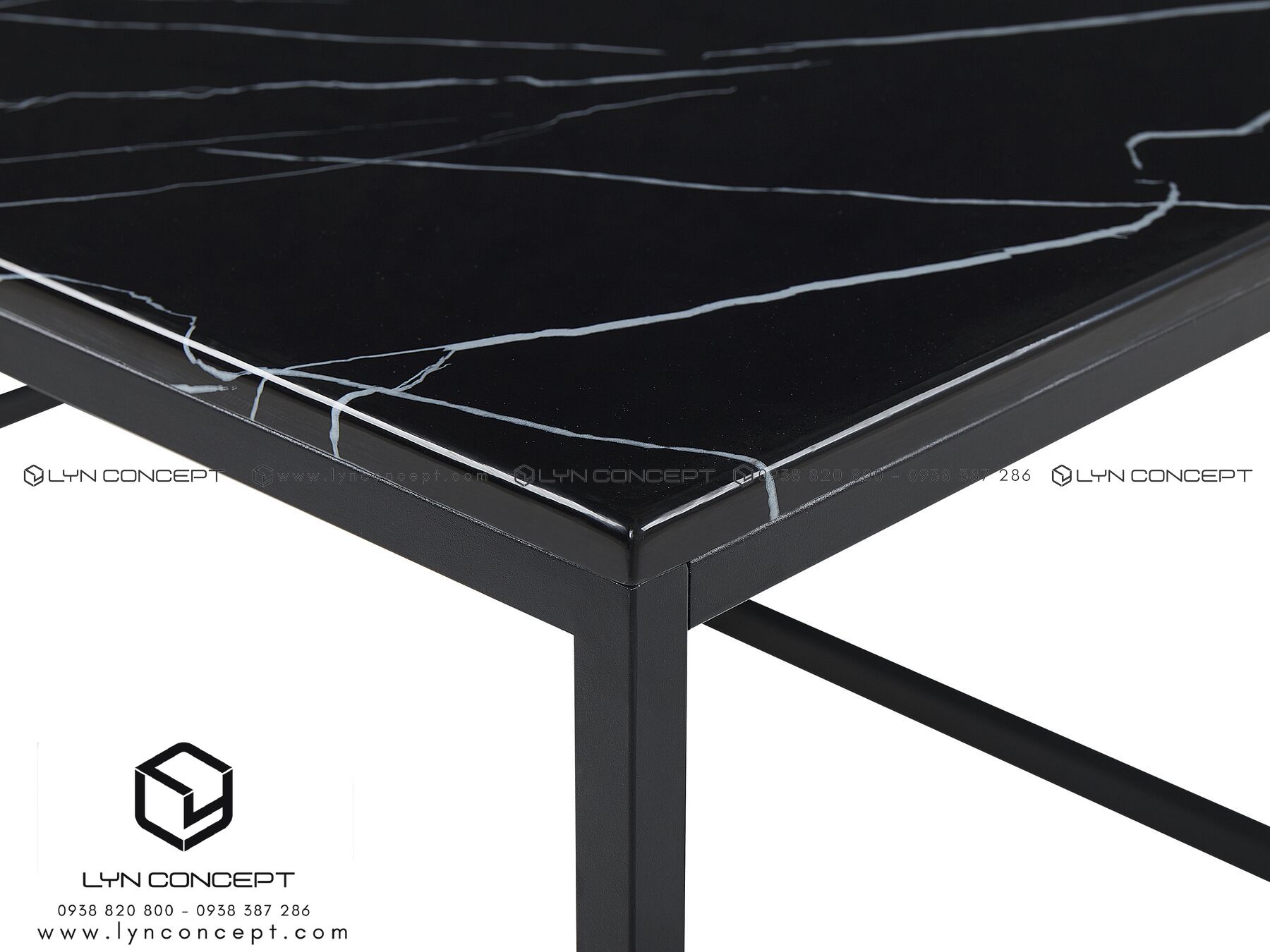 Bàn Trà Chữ Nhật Mặt Đá Đen Chân Sắt Sơn Đen