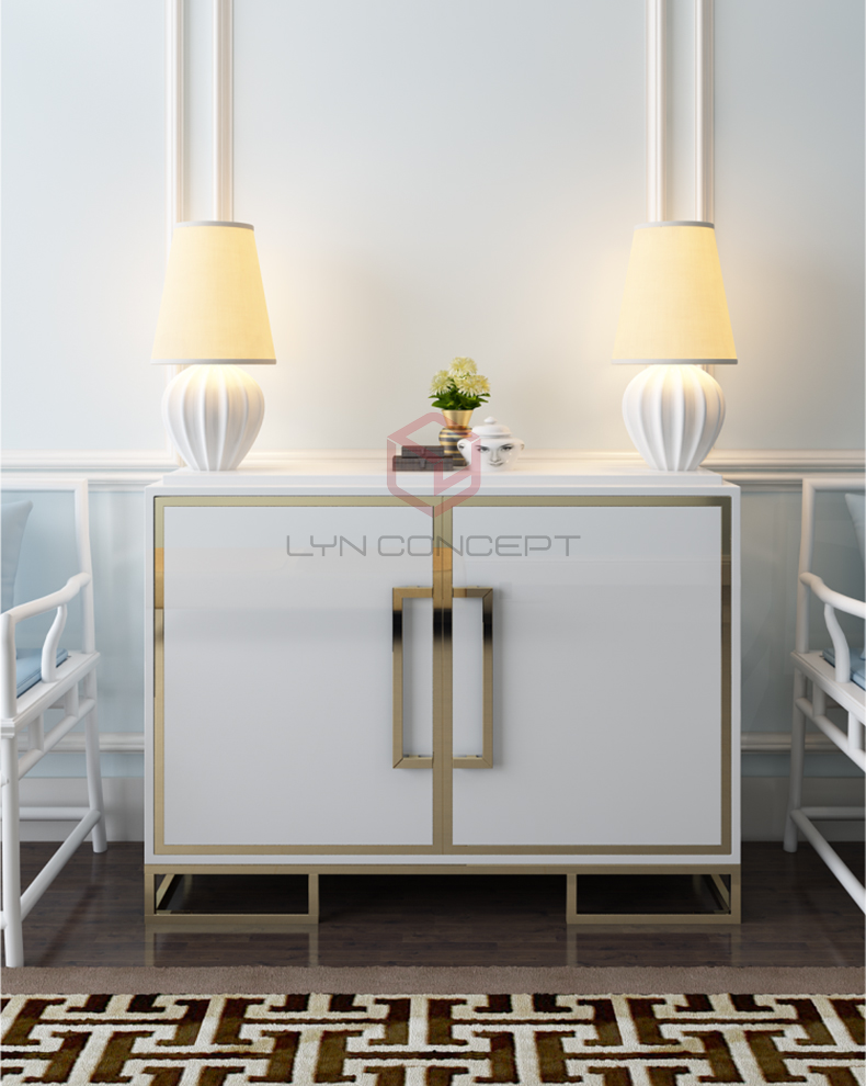 Tủ Console 2 Cánh Mở Trắng Chân Inox Xi Mạ Màu Vàng Hiện Đại Cao Cấp