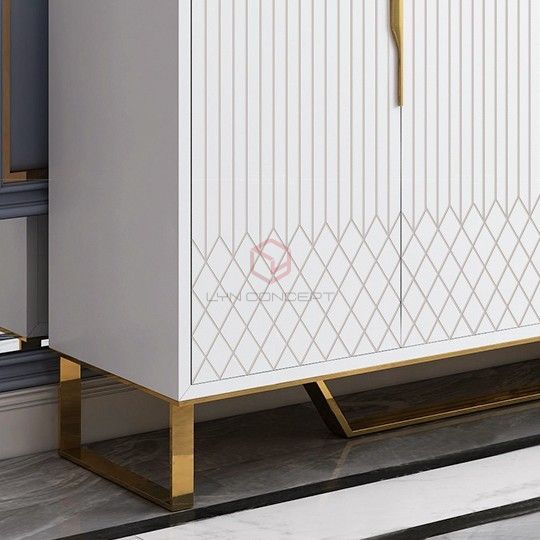 Tủ Console 4 Cánh Mở Trắng Chân Inox Xi Mạ Màu Vàng Hiện Đại Cao Cấp - BTT88