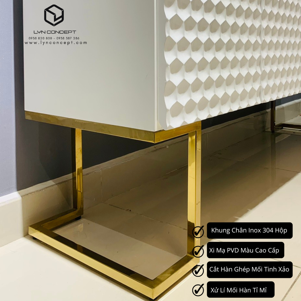 Tủ Console 4 Cánh Mở Chân Inox Mạ Màu Vàng Cao Cấp