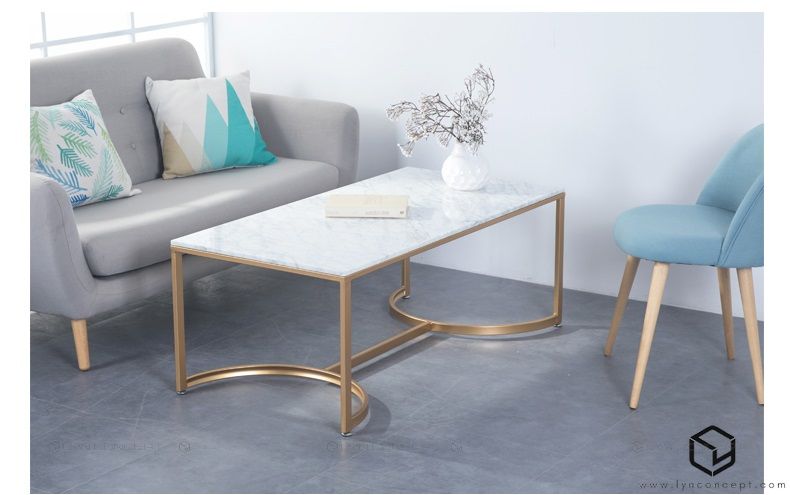 Bàn Trà Sofa Chữ Nhật Mặt Đá Trắng Chân Sắt Sơn Vàng