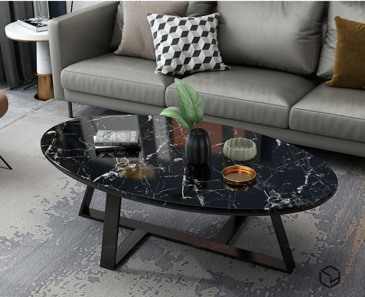 Bàn Trà Sofa Elip Mặt Đá Đen Chân Sắt Sơn Đen
