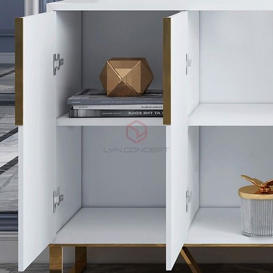Tủ Console 4 Cánh Mở Trắng Chân Inox Xi Mạ Màu Vàng Hiện Đại Cao Cấp - BTT88