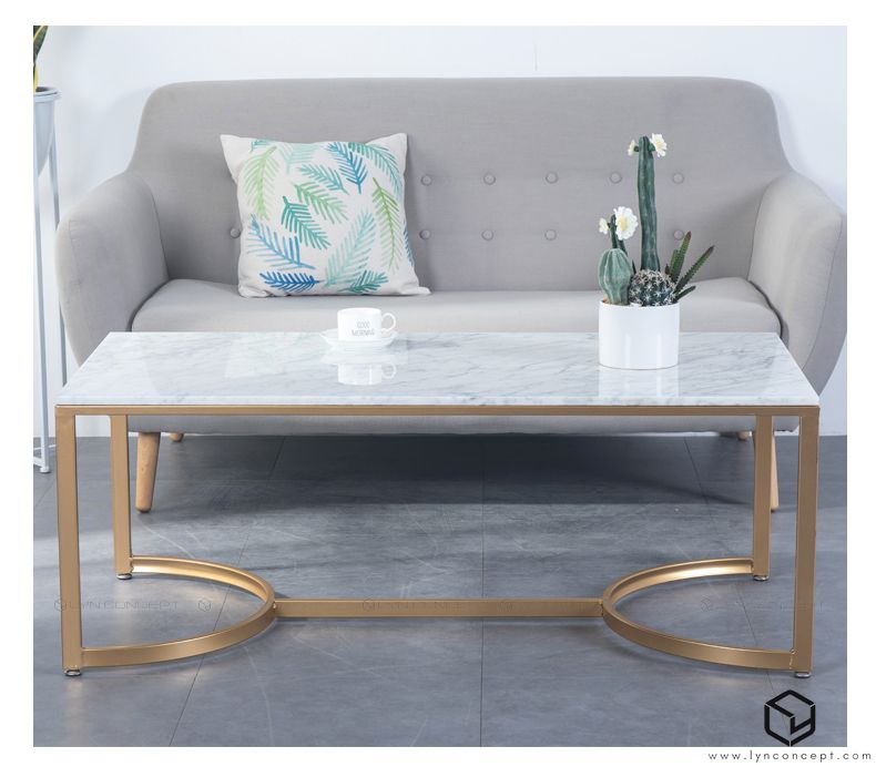 Bàn Trà Sofa Chữ Nhật Mặt Đá Trắng Chân Sắt Sơn Vàng