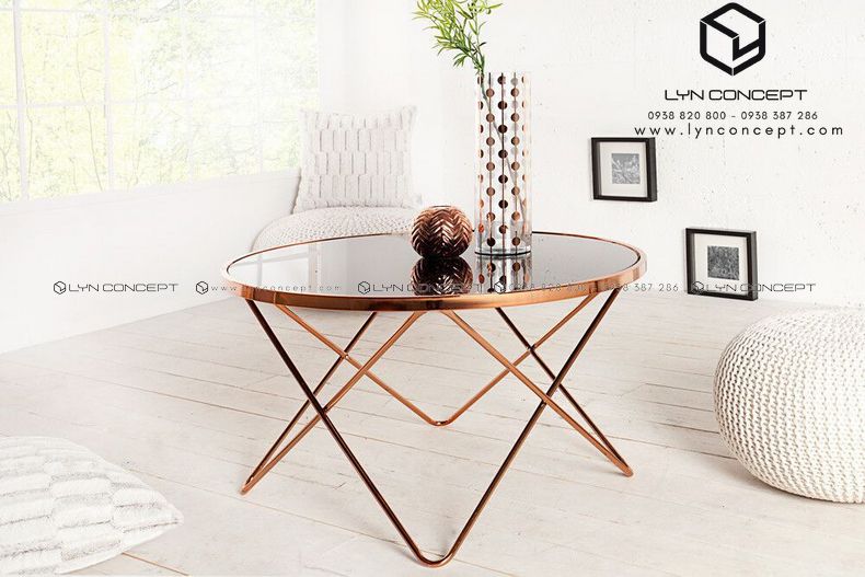 Bàn Trà Bàn Sofa Tròn Mặt Kính Đen D60 Chân Inox Xi Hồng Cao Cấp - BT12B