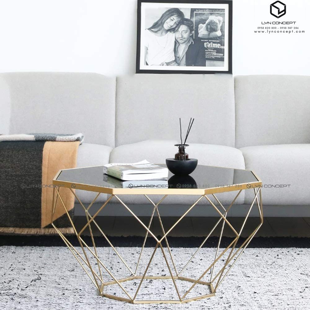 Bàn Trà Kim Cương Mặt Kính Đen Chân Sắt Sơn Vàng