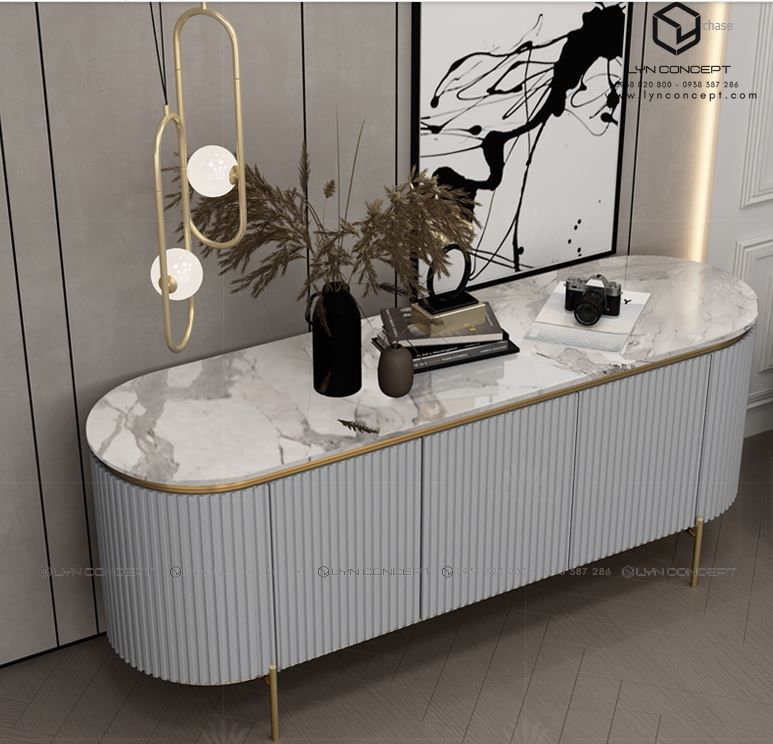 Tủ Console 3 Cánh Mở Chân Inox Mạ Màu Vàng Cao Cấp