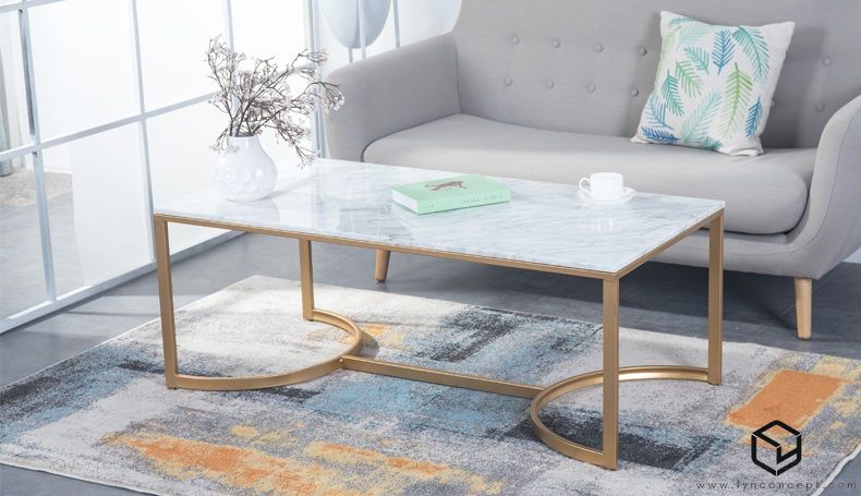 Bàn Trà Sofa Chữ Nhật Mặt Đá Trắng Chân Sắt Sơn Vàng
