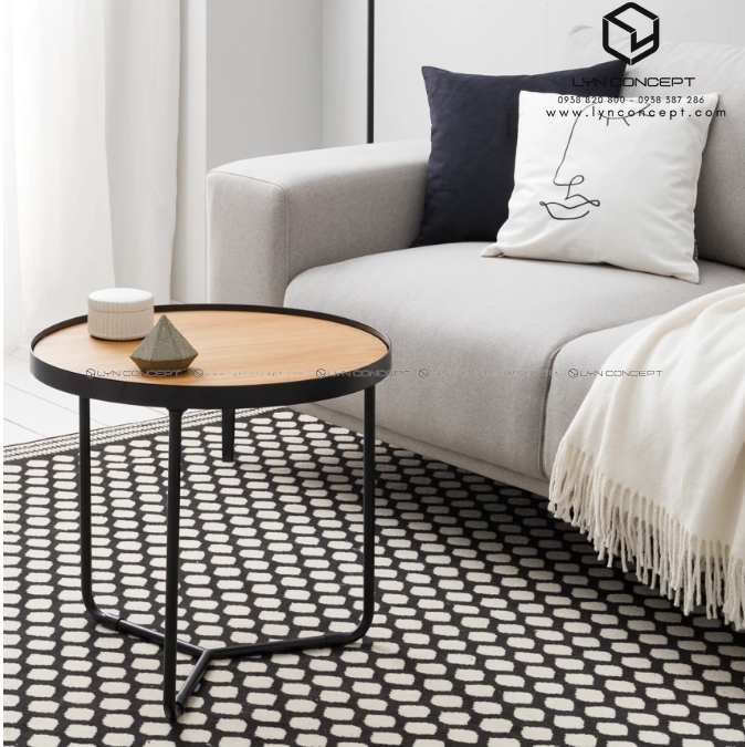 Bàn Trà Sofa Tròn Mặt Gỗ Chân Sắt Kiểu Sơn Đen
