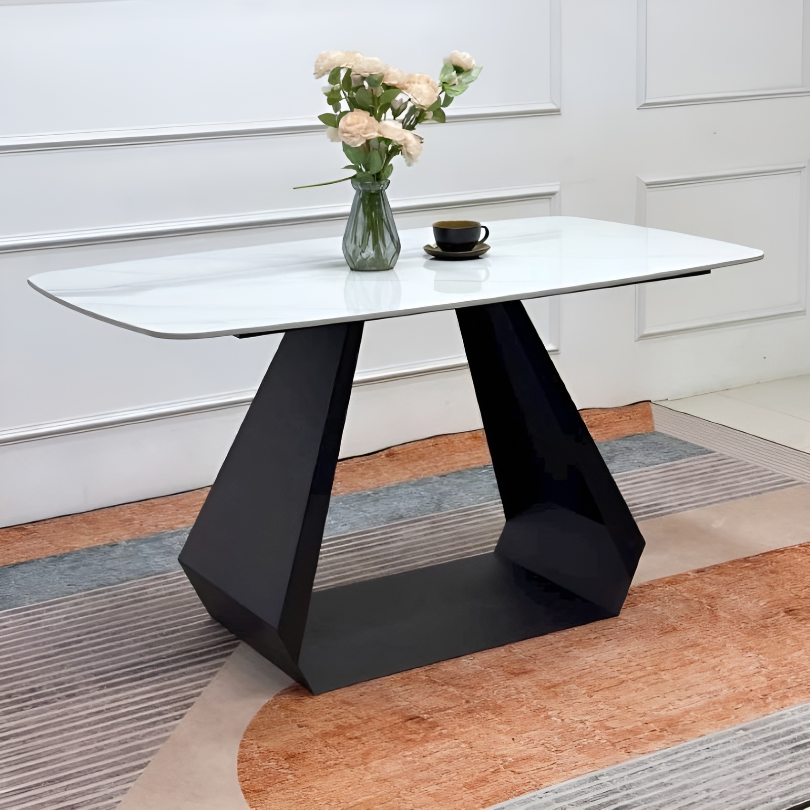 Bàn Ăn Mặt Đá Trắng Chân Sắt Chữ O - BATO