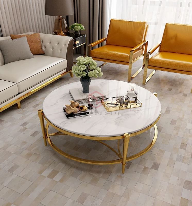 Bàn Trà Sofa Mặt Đá Trắng Chân Inox Mạ Pvd Cao Cấp - BT25B