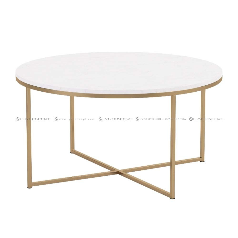 Bàn Trà Tròn D75 Mặt Đá Trắng Chân Sắt Chữ Thập Sơn Vàng