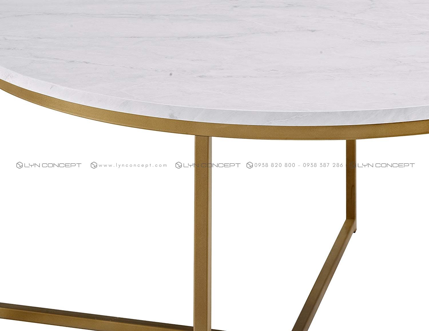 Bàn Trà Tròn D75 Mặt Đá Trắng Chân Sắt Chữ Thập Sơn Vàng