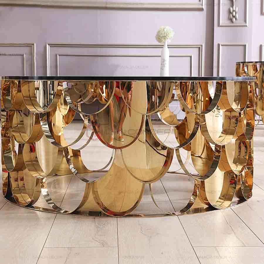 Bàn Trà Sofa Tròn Mặt Kính Trong Đen Chân Inox Cắt Cnc Hình Vảy Cá Mạ Pvd Cao Cấp - BT64E