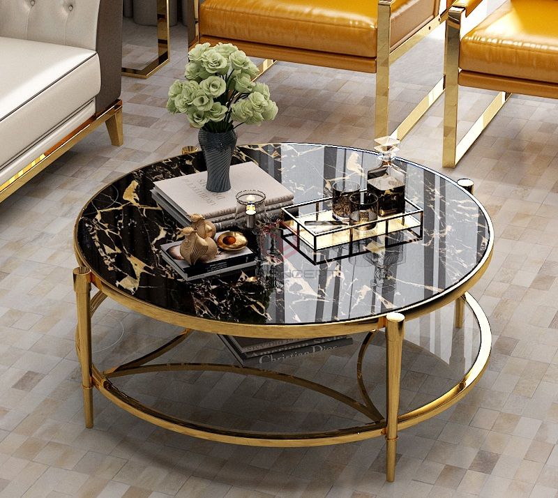 Bàn Trà Sofa Mặt Đá Đen Chân Inox Mạ Pvd Vàng Cao Cấp - BT25A