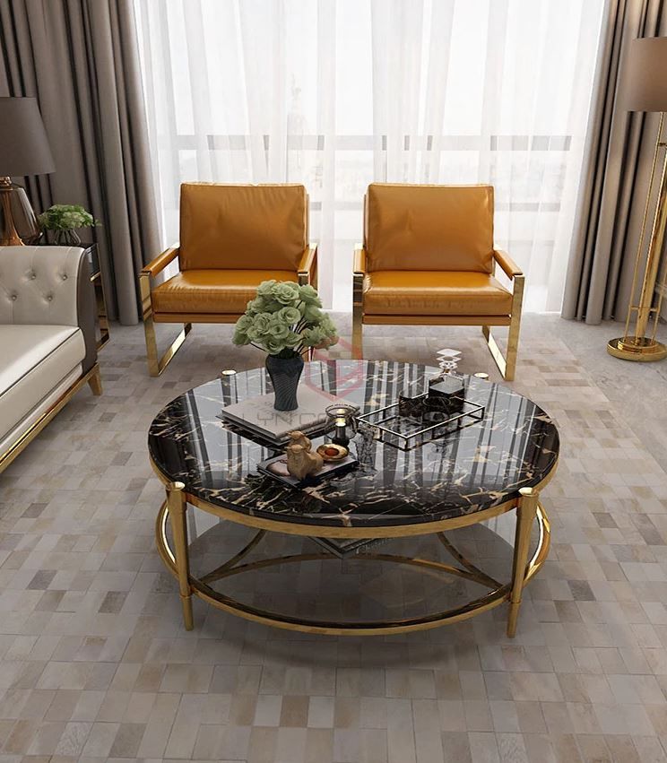 Bàn Trà Sofa Mặt Đá Đen Chân Inox Mạ Pvd Vàng Cao Cấp - BT25A
